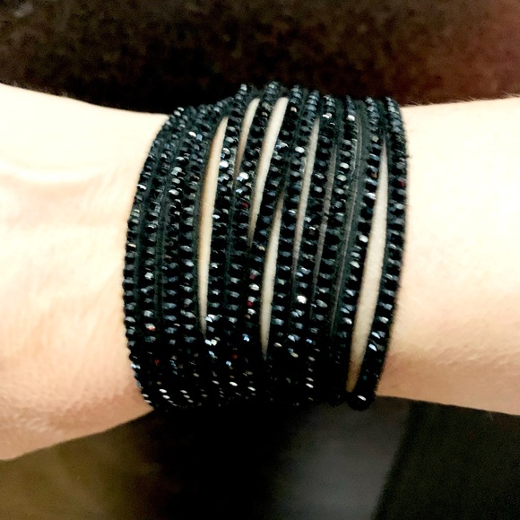 Black suede cuff style bracelet with sparkling black beaded strings adjustable - Picture 3 of 8